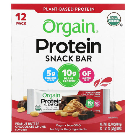 Orgain, Organic Plant-Based Protein Bar, Peanut Butter Chocolate Chunk, 12 Bars, 1.41 oz (40 g) Each - Supply Center USA