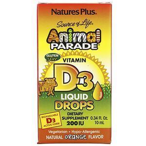 Nature's Plus, Source of Life, Animal Parade, Vitamin D3 Liquid Drops, Natural Orange Flavor, 200 IU, 0.34 fl oz (10 ml) - Supply Center USA