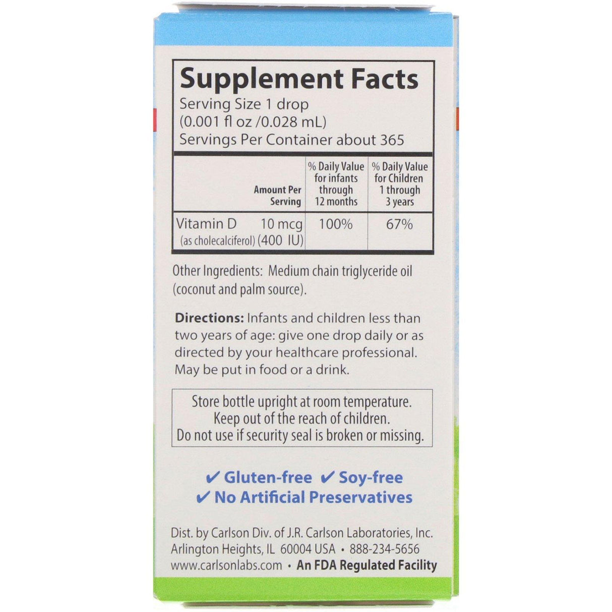 Carlson Labs, Baby's Super Daily D3, 10 mcg (400 IU), 0.35 fl oz (10.3 ml) - Supply Center USA