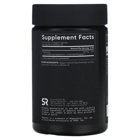 Sports Research, MAG LT, Magtein, 2,000 mg, 90 Veggie Capsules - Supply Center USA