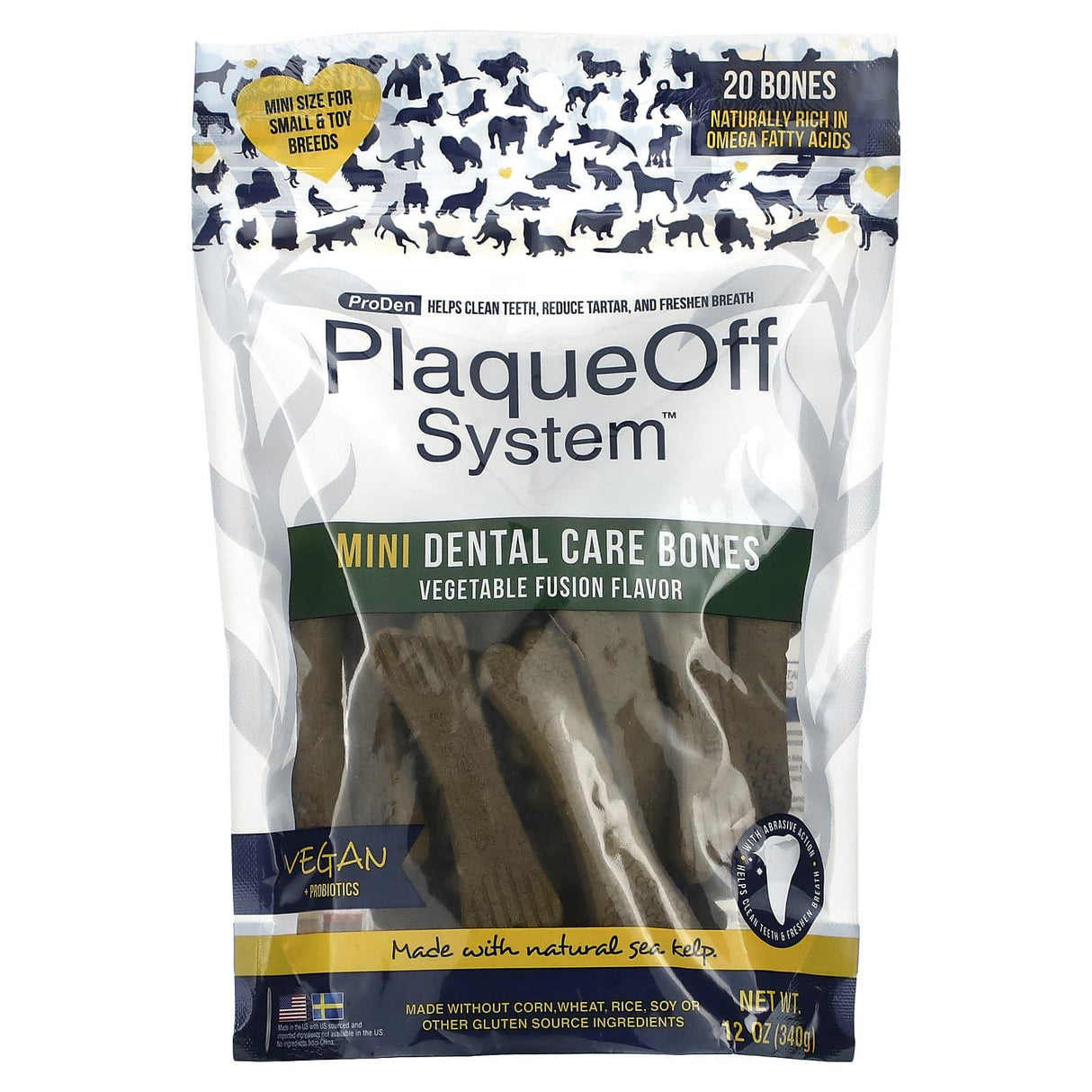 ProDen, PlaqueOff System, Mini Dental Care Bones, For Small & Toy Breed Dogs, Vegetable Fusion & Blueberry, 20 Bones, 12 oz (340 g) - Supply Center USA