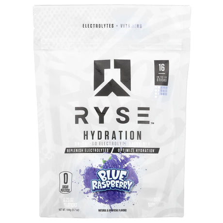 RYSE, Hydration, On-The-Go Electrolyte Drink Mix, Blue Raspberry, 16 Sticks, 0.23 oz (6.5 g) Each - Supply Center USA