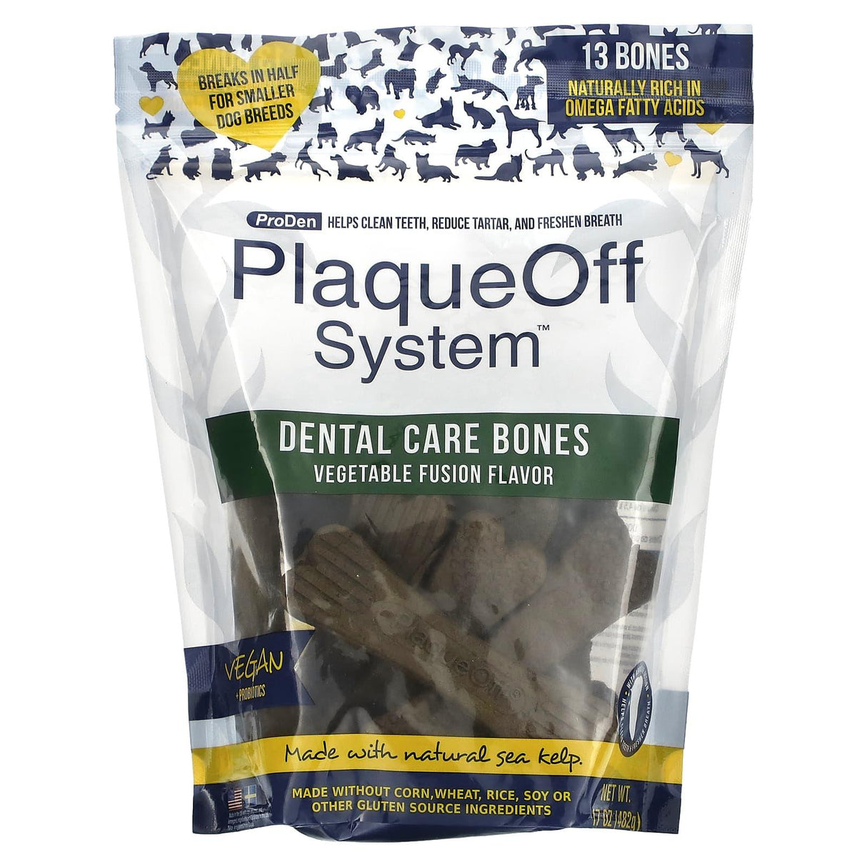 ProDen, PlaqueOff System, Dental Care Bones, For Dogs, Chicken & Pumpkin, 13 Bones, 17 oz (482 g) - Supply Center USA