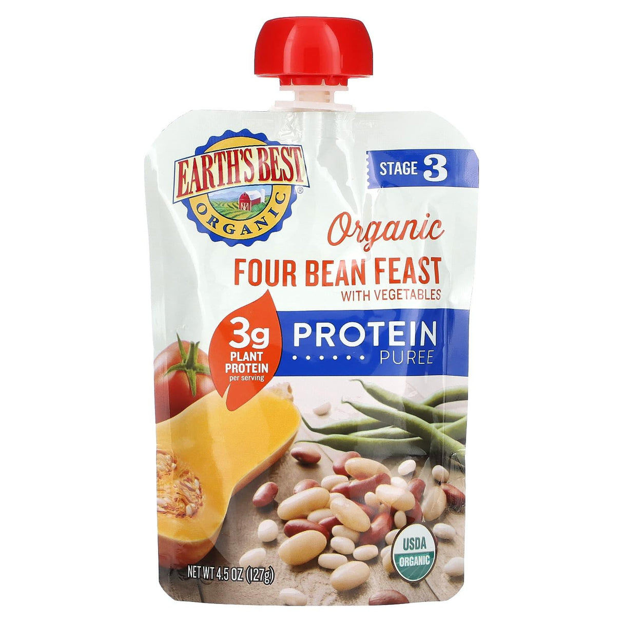 Earth's Best, Organic Protein Puree, For Ages 2+, Four Bean Feast with Vegetables, 4.5 oz (127 g) - Supply Center USA