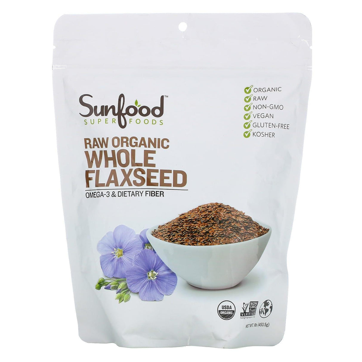 Sunfood, Superfoods, Raw Organic Whole Flaxseed, 1 lb (453.5 g) - Supply Center USA