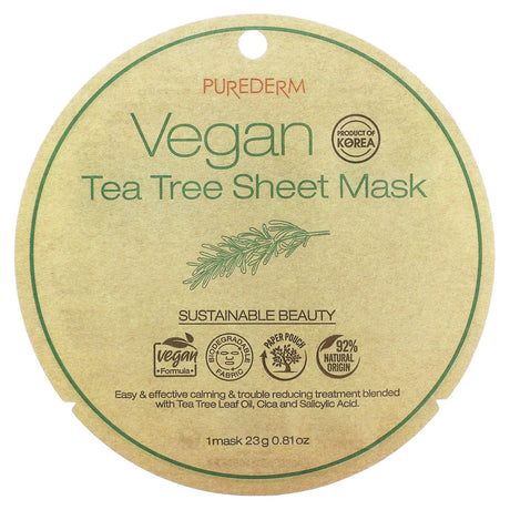 Purederm, Vegan Tea Tree Sheet Beauty Mask, 1 Sheet Mask, 0.81 oz (23 g) - Supply Center USA