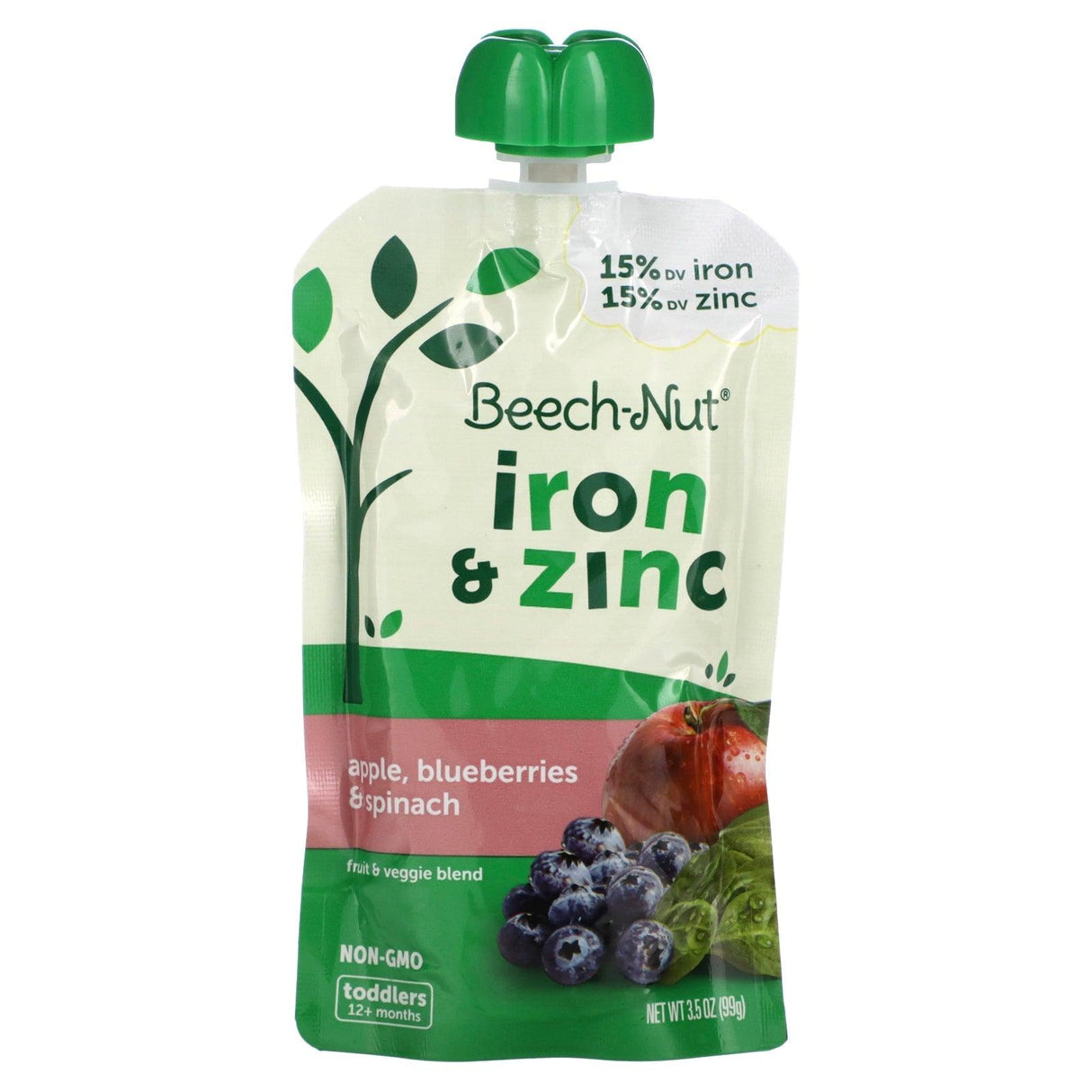 Beech-Nut, Fruit & Veggie Blend, Iron & Zinc, 12+ Months, Apple, Blueberries & Spinach, 3.5 oz (99 g) - Supply Center USA