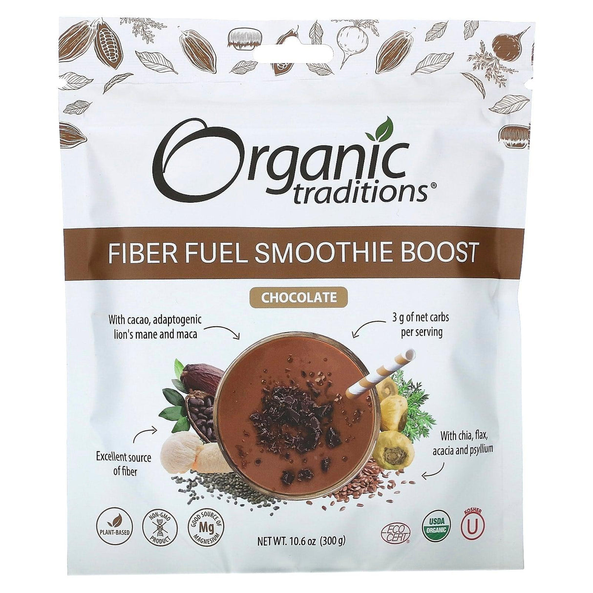 Organic Traditions, Fiber Fuel Smoothie Boost, Chocolate, 10.6 oz (300 g) - Supply Center USA