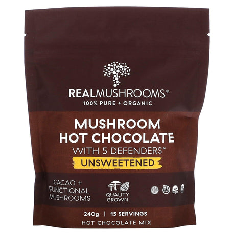 Real Mushrooms, Mushroom Hot Chocolate with 5 Defenders, Unsweetened, 240 g - Supply Center USA