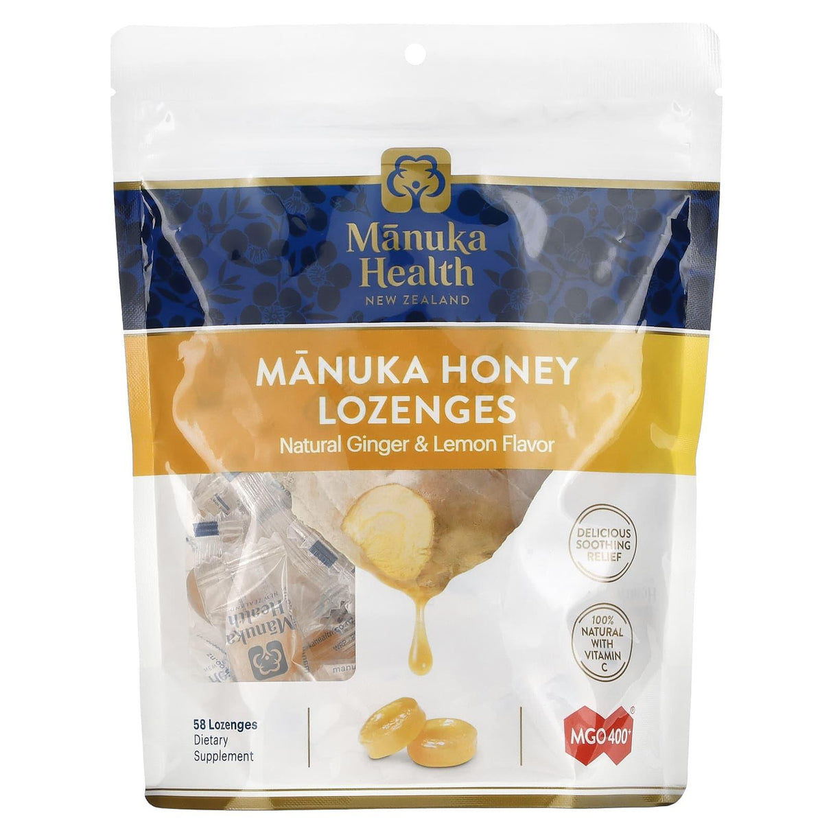 Manuka Health, Manuka Honey Lozenges, Natural Ginger & Lemon, 58 Lozenges - Supply Center USA