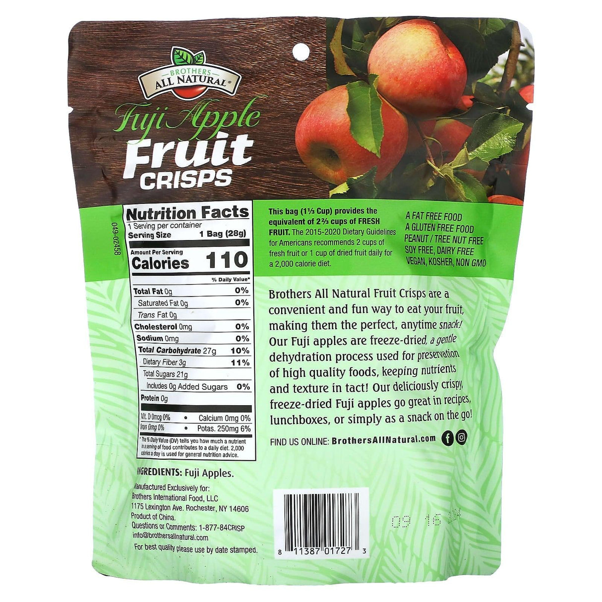 Brothers-All-Natural, Freeze Dried Sliced Fruit, Fruit Crisps, Fuji Apple, 1 oz (28 g) - Supply Center USA