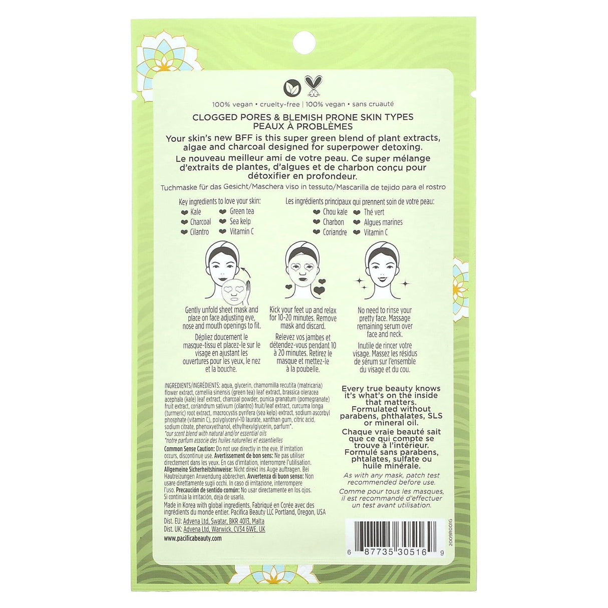 Pacifica, Super Green Detox, Beauty Facial Mask, Kale & Charcoal, 1 Sheet Mask, 0.67 fl oz (20 ml) - Supply Center USA