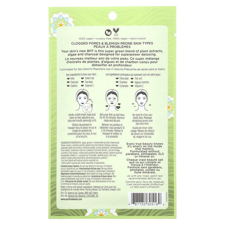 Pacifica, Super Green Detox, Beauty Facial Mask, Kale & Charcoal, 1 Sheet Mask, 0.67 fl oz (20 ml) - Supply Center USA