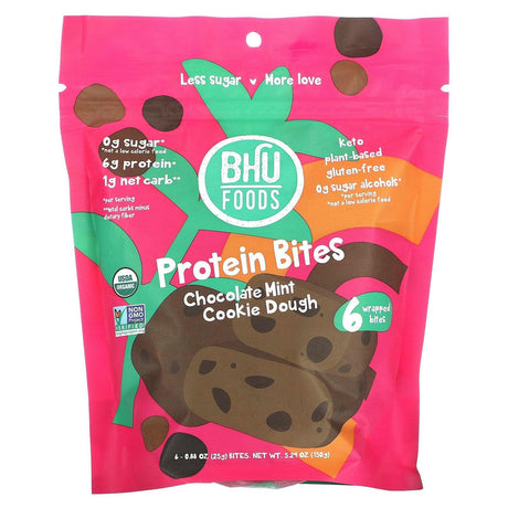 BHU Foods, Protein Bites, Chocolate Mint Cookie Dough, 6 Bites, 0.88 oz (25 g) Each - Supply Center USA