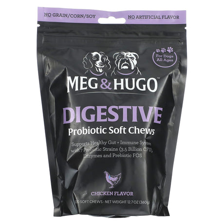 Meg & Hugo, Digestive, Probiotic Soft Chews, For Dogs, All Ages, Chicken, 120 Soft Chews, 12.7 oz (360 g) - Supply Center USA