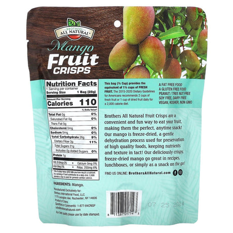 Brothers-All-Natural, Freeze Dried Sliced Fruit, Fruit Crisps, Mango, 1 oz (28 g) - Supply Center USA