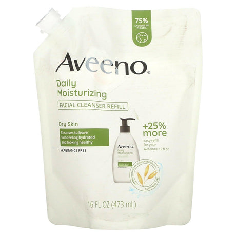 Aveeno, Daily Moisturizing, Facial Cleanser Refill, Dry Skin, Fragrance Free, 16 fl oz. (473 ml) - Supply Center USA