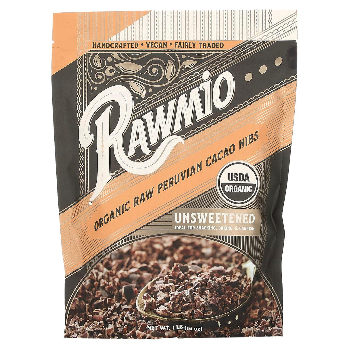 Rawmio, Organic Raw Peruvian Cacao Nibs, Unsweetened , 1 lb (16 oz) - Supply Center USA