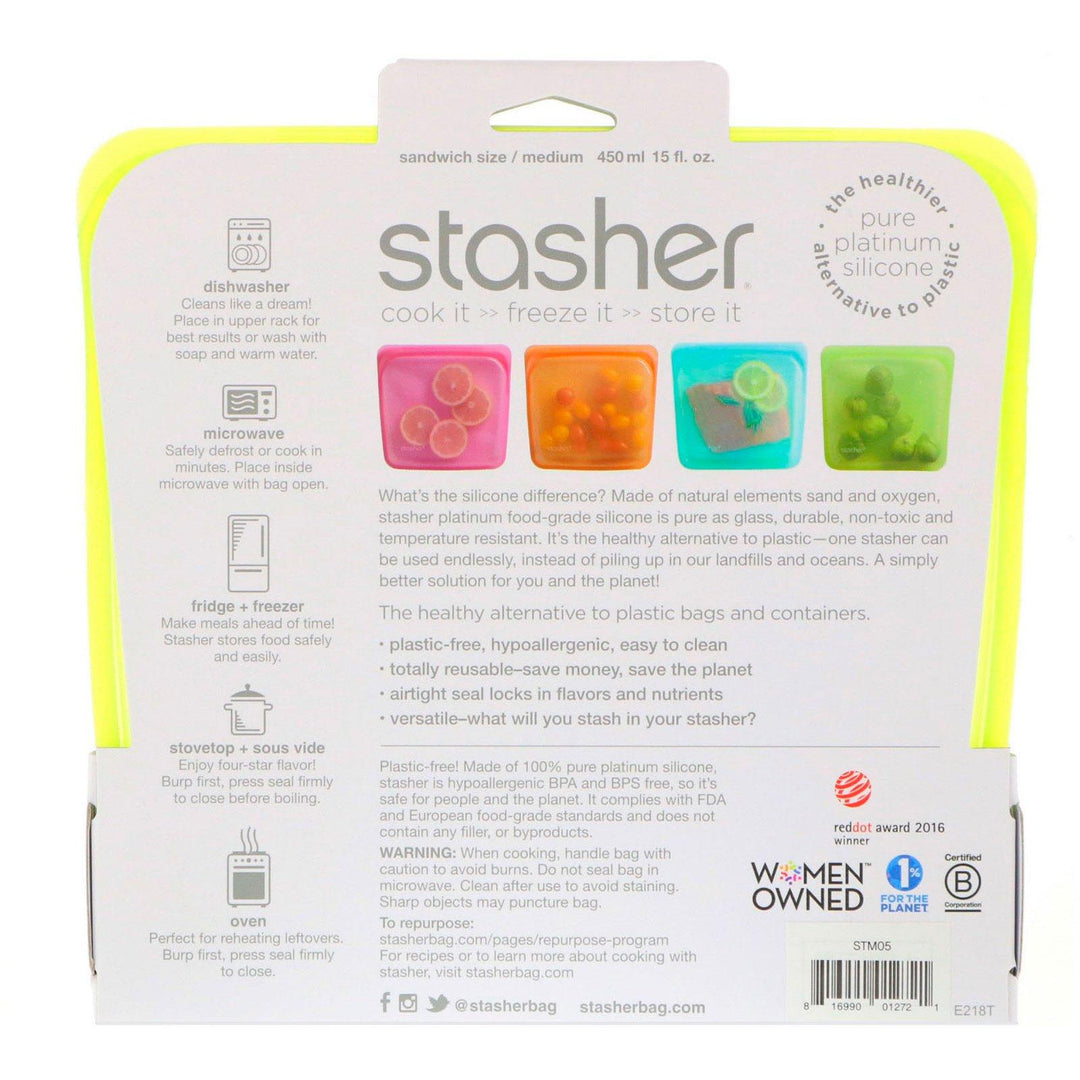 Stasher, Reusable Silicone Food Bag, Sandwich Size Medium, Lime, 15 fl oz (450 ml) - HealthCentralUSA