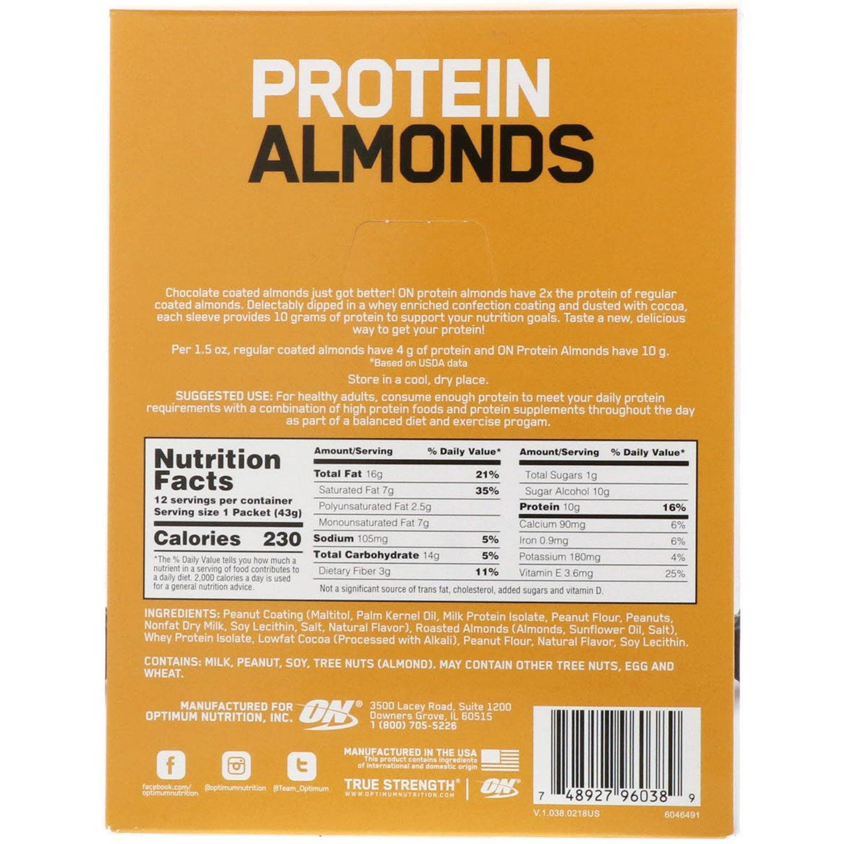 Optimum Nutrition, Protein Almonds, Dark Chocolate Peanut Butter, 12 Packets, 1.5 oz (43 g) Each - Supply Center USA