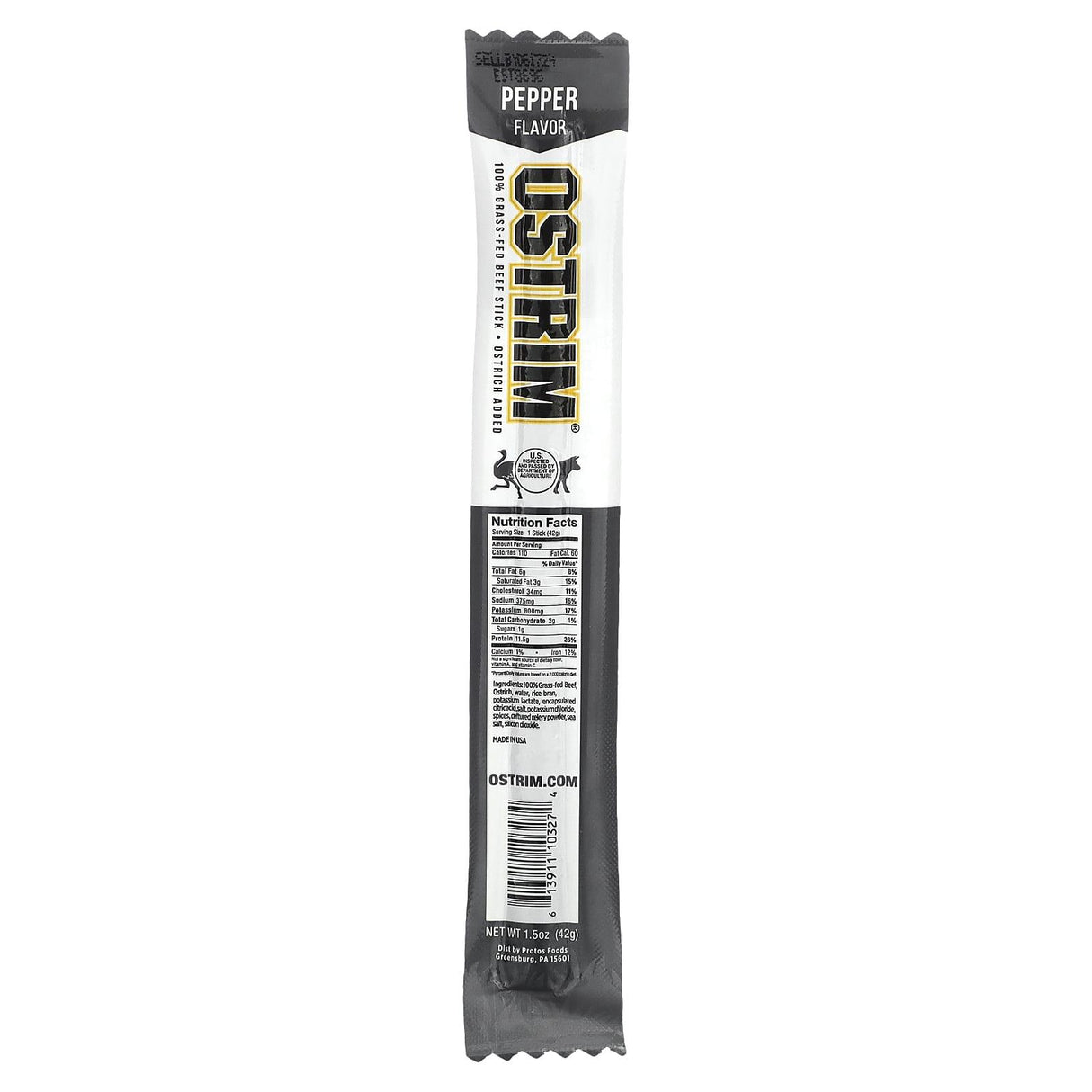 Ostrim, 100% Grass-Fed Beef Stick, Ostrich Added, Pepper, 1 Stick, 1.5 oz (42 g) - Supply Center USA