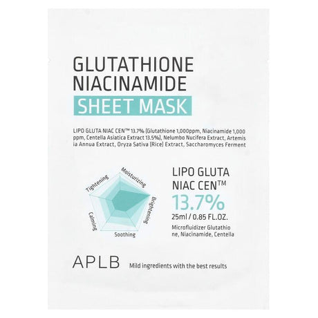 APLB, Glutathione Niacinamide, Beauty Sheet Mask, 1 Sheet, 0.85 fl oz (25 ml) - Supply Center USA