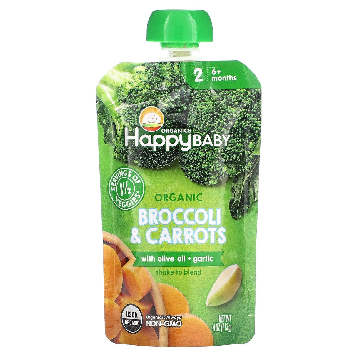 Happy Family Organics, Happy Baby, 6+ Months, Organic Broccoli & Carrots with Olive Oil + Garlic, 4 oz (113 g) - Supply Center USA