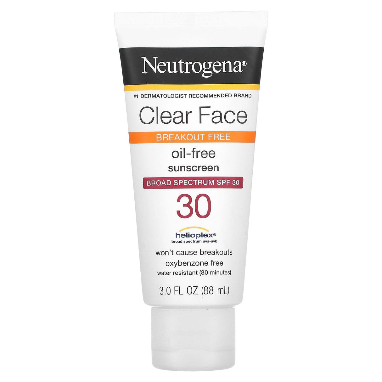 Neutrogena, Clear Face, Oil-Free Sunscreen, Broad Spectrum SPF 30, Fragrance Free, 3 fl oz (88 ml) - Supply Center USA