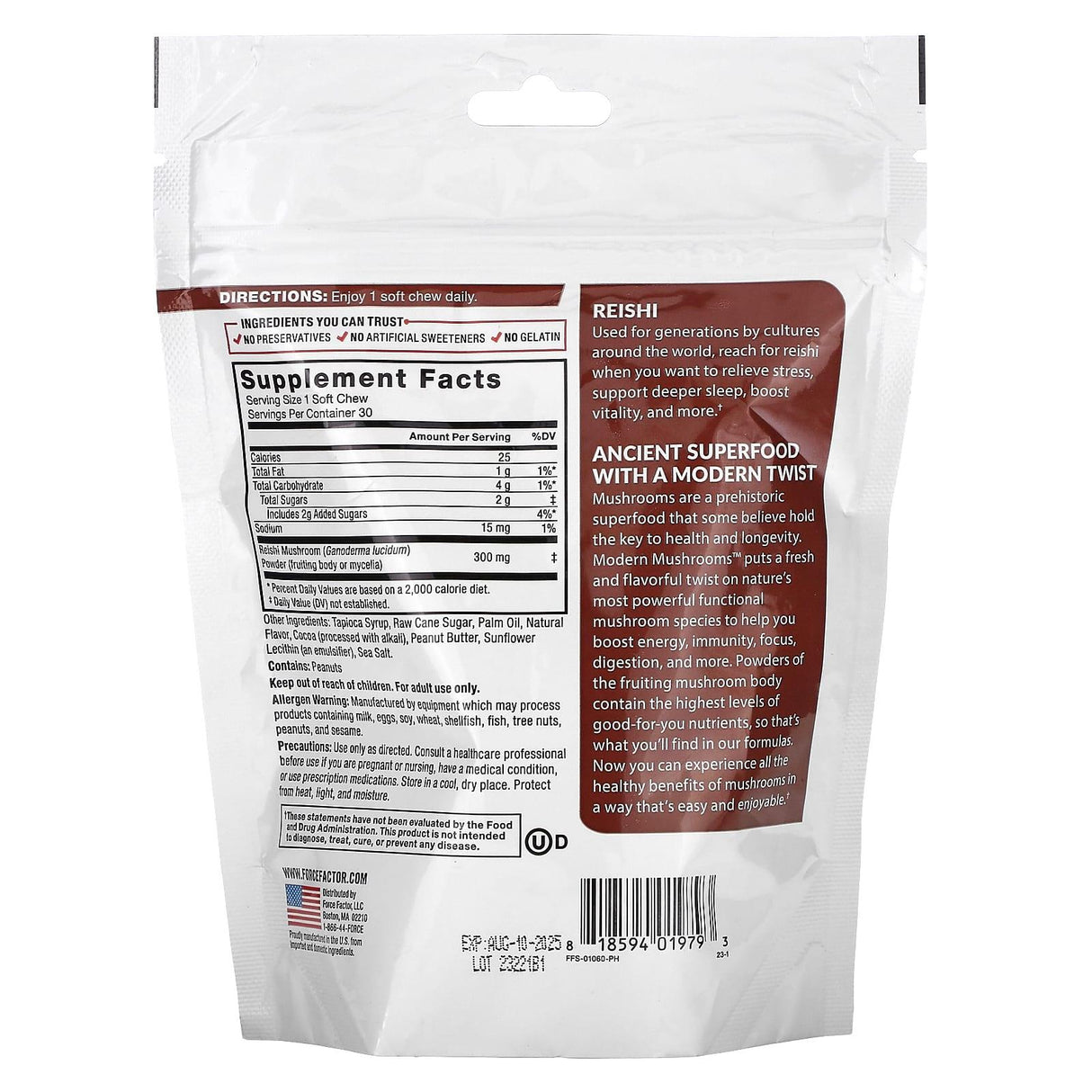 Force Factor, Modern Mushrooms, Reishi, Chocolate Peanut Butter Cup, 30 Superfood Soft Chews - Supply Center USA