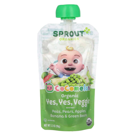 Sprout Organics, Cocomelon, Organic Yes, Yes, Veggie with Fruit, 8 Months and Up, Pea, Pears, Apples, Banana & Green Beans, 3.5 oz (99 g) - Supply Center USA