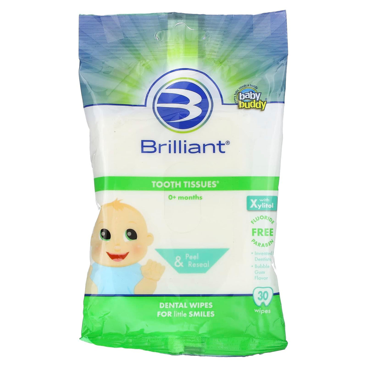 Baby Buddy, Brilliant, Tooth Tissues with Xylitol, Bubble Gum, 0+ Months, 30 Wipes - Supply Center USA