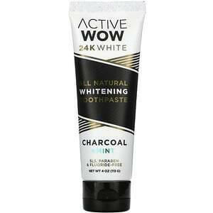 Active Wow, 24K White, All Natural Whitening Toothpaste, Charcoal + Mint, 4 oz (113 g) - HealthCentralUSA