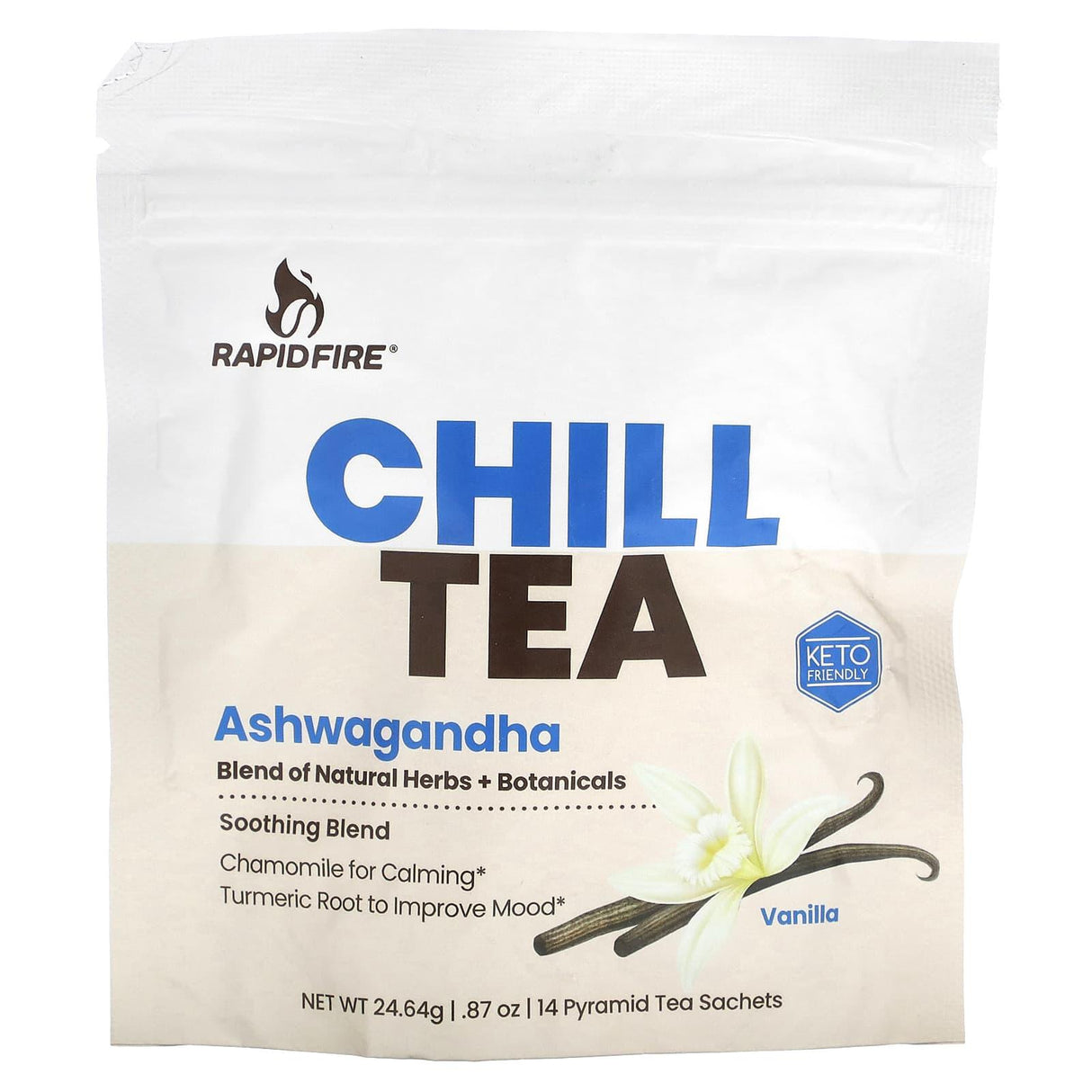 RAPIDFIRE, Chill Tea, Ashwagandha, Vanilla, 14 Pyramid Tea Sachets, 0.87 oz (24.64 g) - Supply Center USA