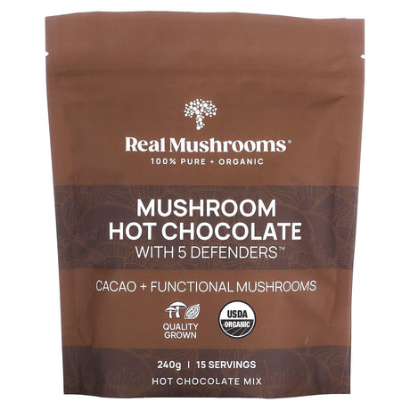 Real Mushrooms, Mushroom Hot Chocolate with 5 Defenders, Unsweetened, 240 g - Supply Center USA