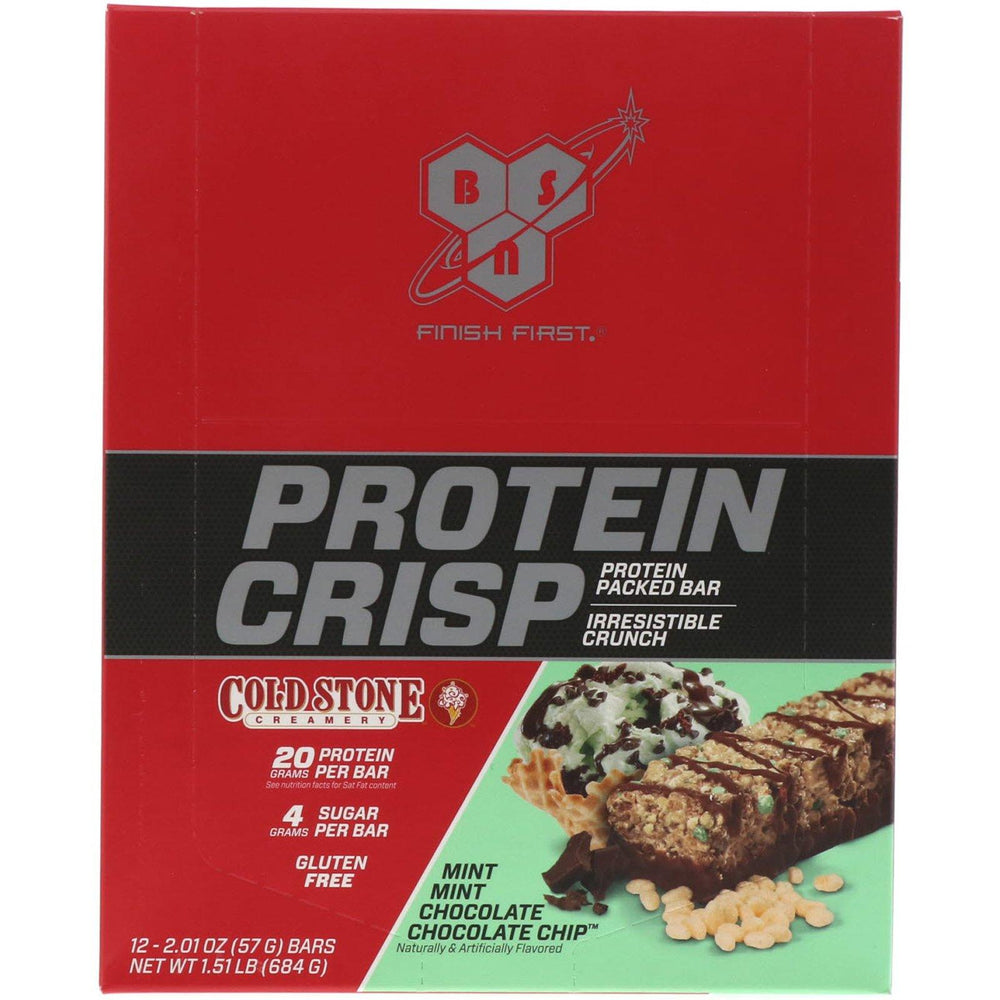 BSN, Protein Crisp, Mint Mint Chocolate Chocolate Chip, 12 Bars, 2.01 oz (57 g) Each - HealthCentralUSA