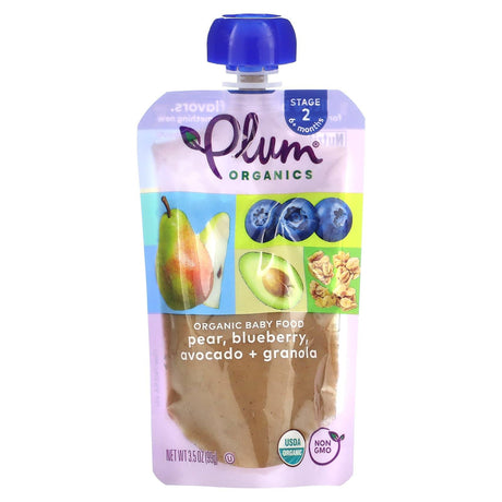 Plum Organics, Organic Baby Food, 6 + Months, Pear, Blueberry, Avocado + Granola , 3.5 oz (99 g) - Supply Center USA