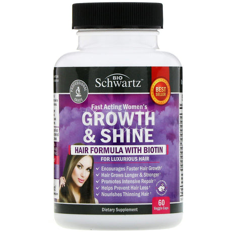 BioSchwartz, Fast Acting Women's Growth & Shine, Hair Formula with Biotin, 60 Veggie Caps - Supply Center USA