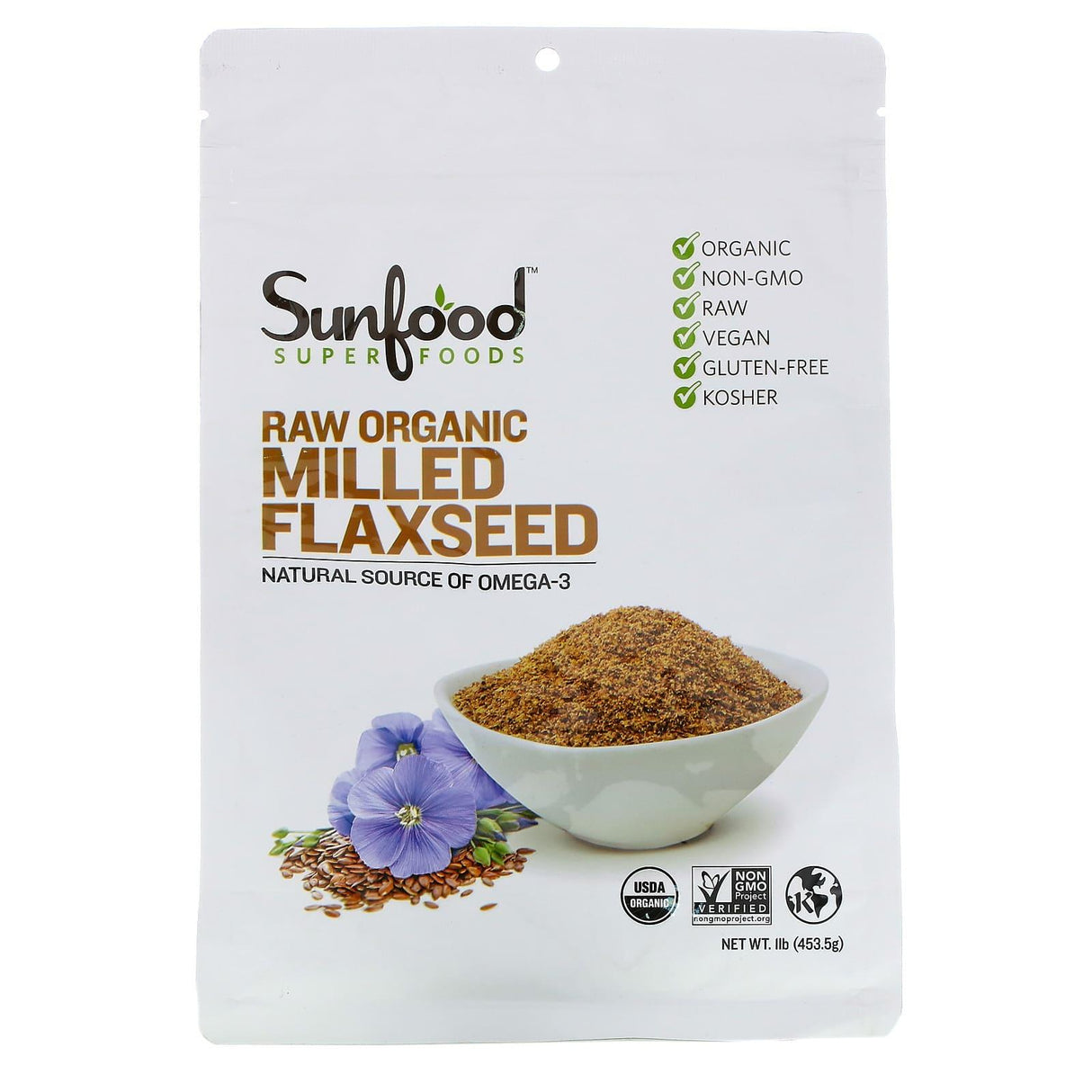 Sunfood, Raw Organic Milled Flaxseed, 1 lb (453.5 g) - Supply Center USA