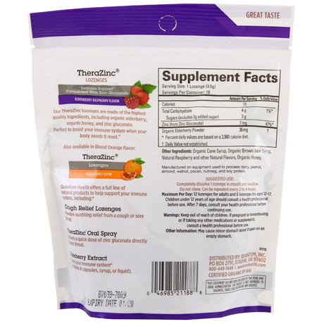 Quantum Health, TheraZinc, Lozenges, Elderberry Raspberry Flavor , 18 Lozenges - Supply Center USA