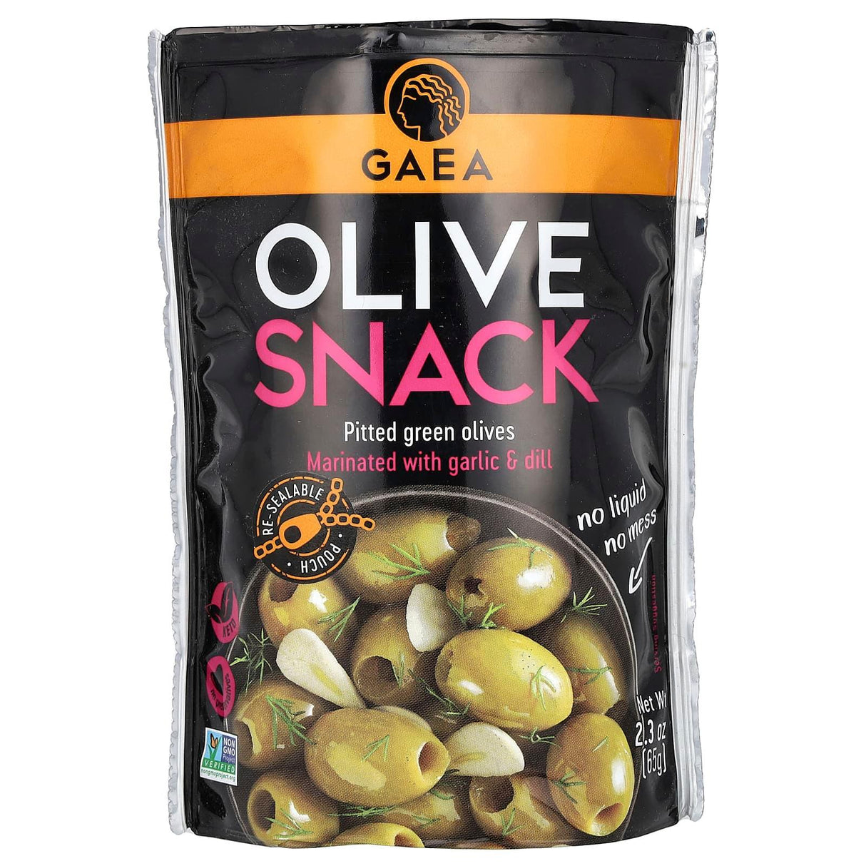 Gaea, Olive Snack, Pitted Green Olives, Marinated With Garlic & Dill, 2.3 oz (65 g) - Supply Center USA