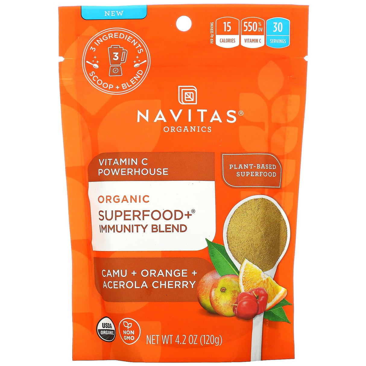 Navitas Organics, Organic Superfood+ Immunity Blend, Vitamin C Powerhouse, Camu + Orange + Acerola Cherry, 4.2 oz (120 g) - Supply Center USA