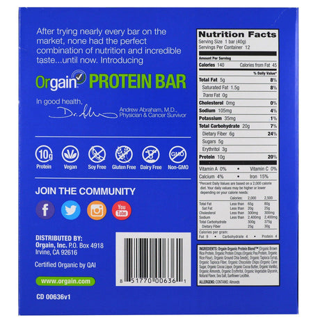 Orgain, Organic Plant-Based Protein Bar, Chocolate Chip Cookie Dough, 12 Bars, 1.41 oz (40 g) Each - Supply Center USA