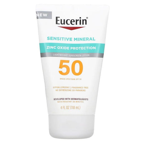 Eucerin, Sensitive Mineral, Lightweight Sunscreen Lotion, SPF 50, Fragrance Free, 4 fl oz (118 ml) - Supply Center USA