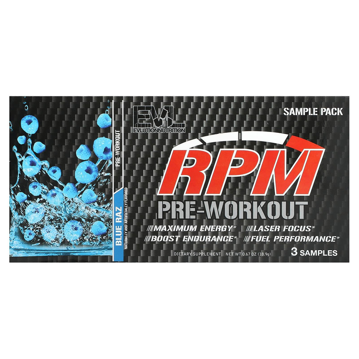 EVLution Nutrition, RPM, Pre-Workout, Sample Pack, Blue Raz, 3 Stickpacks, 0.67 oz (18.9 g) - Supply Center USA