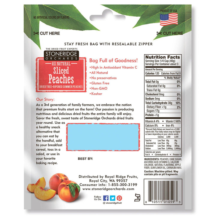 Stoneridge Orchards, Sliced Peaches, Dried Tree-Ripened Summer Peaches, 4 oz (113 g) - HealthCentralUSA