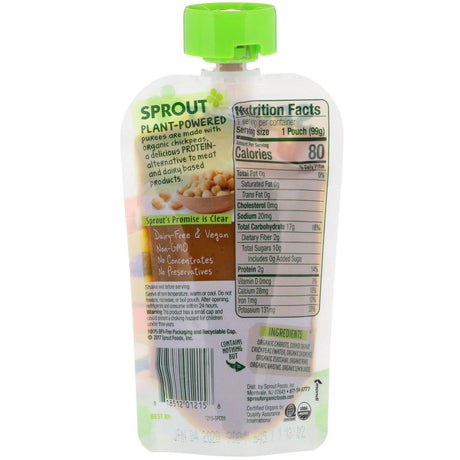 Sprout Organic, Baby Food, 6 Months & Up, Carrot, Chickpeas, Zucchini, Pear, 3.5 oz (99 g) - Supply Center USA