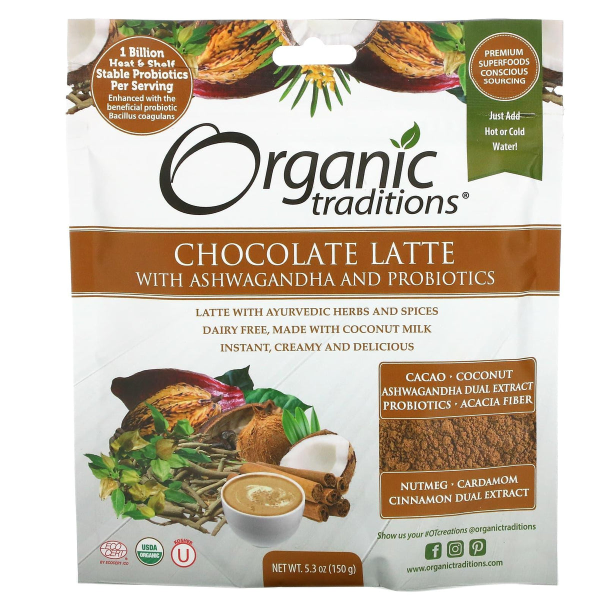 Organic Traditions, Chocolate Latte with Ashwagandha and Probiotics, 5.3 oz (150 g) - Supply Center USA