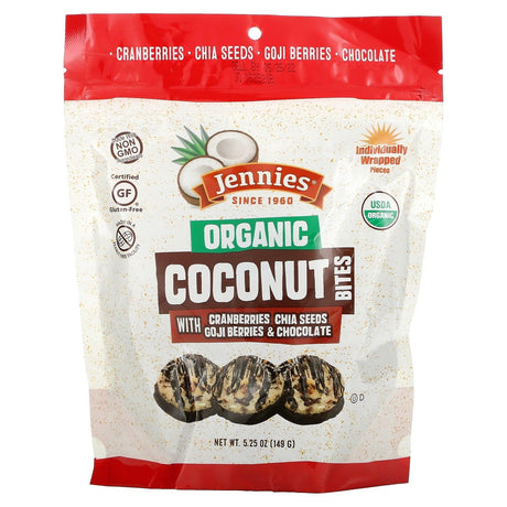 Jennies Macaroons, Organic Coconut Bites, with Cranberries, Chia Seeds, Goji Berries & Chocolate, 5.25 oz (149 g) - Supply Center USA