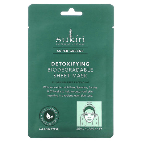 Sukin, Super Greens, Detoxifying Biodegradable Beauty Sheet Mask, 1 Sheet, 0.85 fl oz (25 ml) - Supply Center USA