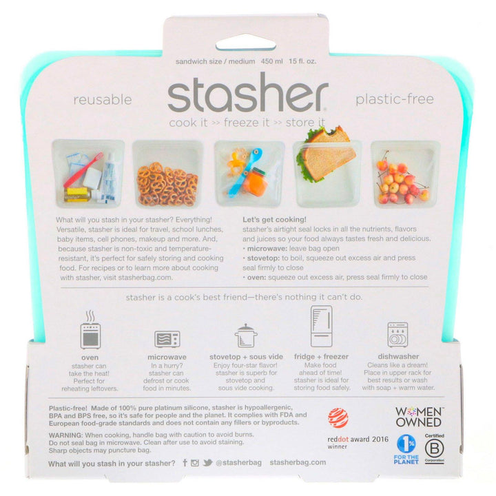 Stasher, Reusable Silicone Food Bag, Sandwich Size Medium, Aqua, 15 fl oz (450 ml) - HealthCentralUSA